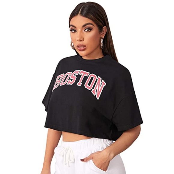 PiecesEtcStore Tops - Womens Boston Logo Short Sleeve Crop Top T Shirt